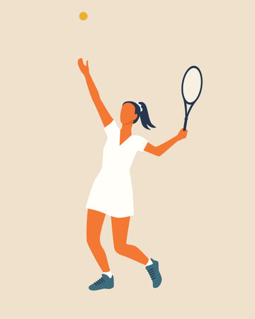 Colorful female tennis player illustration. Flat style digital design element. Simple vector illustration with woman playing tennis in white clothesのイラスト素材