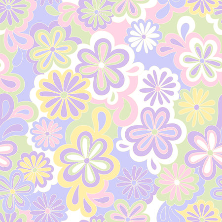 Floral psychedelic hippie seamless pattern. Vector nostalgic retro flowers, 60s groovy print. Vintage 70s background. Textile and surface design with old fashioned hand drawn abstract floral elementsのイラスト素材