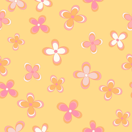 Vector nostalgic retro 60s groovy print. vintage floral background. Pastel candy hippie seamless pattern. Textile and surface design with old fashioned hand drawn naive geometric flowersのイラスト素材