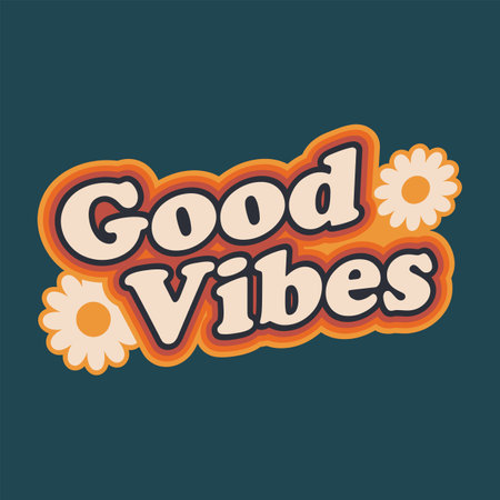 Trendy square groovy greeting card template. Colorful vintage letters flat vector illustration. Good vibes inspirational phrase colorful print. Motivation lettering for cards, clothes, banners, flyersのイラスト素材