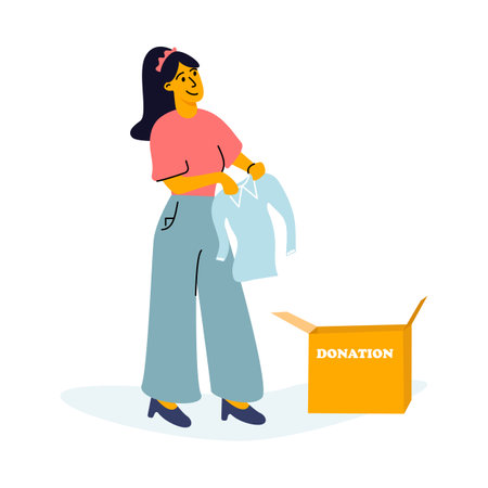 Young woman donating clothes, flat vector illustration. Charity concept. Modern cartoon female character. Donation boxのイラスト素材