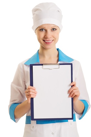 nurse with an advertising tablet over white の写真素材