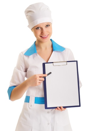 Woman doctor with an advertising tablet の写真素材