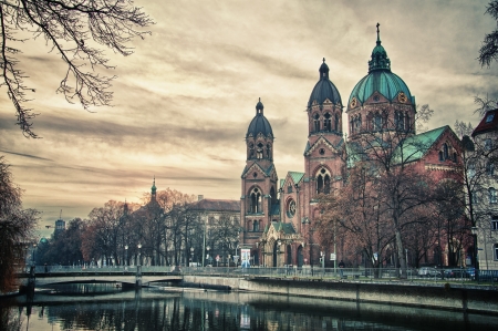 Beautiful church, a temple at sunset. Europe and landmark attractions of Munich, Germanyのeditorial素材