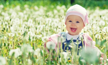 Beautiful happy little baby girl sitting on a green meadow with white flowers dandelions on the nature in the parkの写真素材
