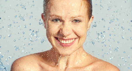 Happy beauty woman skin care, washing with splashes and drops of waterの写真素材