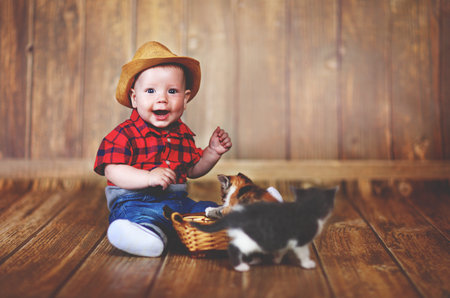 happy baby boy playing with kittens on a wooden backgroundの写真素材