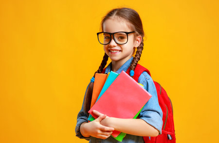 Funny child school girl on a yellow background