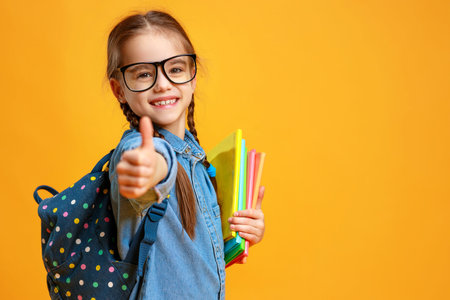 Funny child school girl on a yellow background