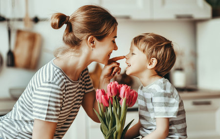 happy mother's day! child son congratulates mother on holiday and gives flowers