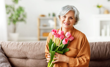 Happy mature lady with bunch of pink tulips smiling and looking at camera while sitting on sofa during holiday celebration at homeの写真素材