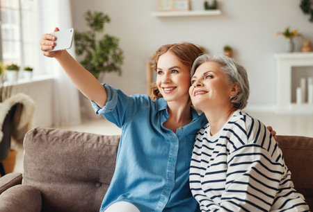 Delighted young woman smiling and taking selfie with senior mother while sitting on sofa in cozy...
