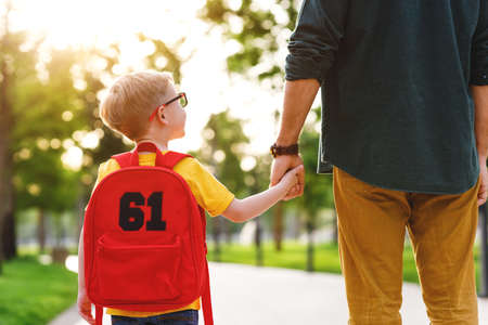 Back view of crop father and son with backpack holding hands while walking to school on blurred background of park togetherの写真素材