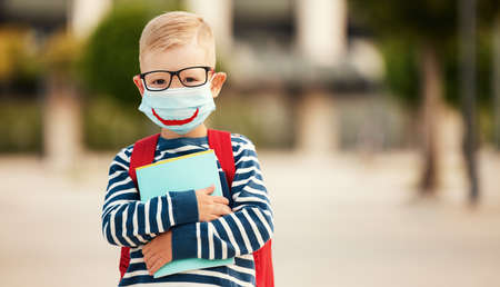 Optimistic smart first grade schoolboy in casual wear and eyeglasses wearing protective mask with drawn smile holding copybooks and looking at camera against blurred urban backgroundの写真素材