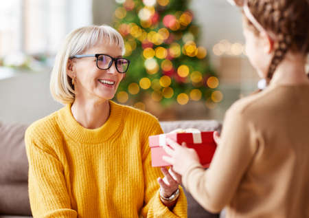happy family granddaughter gives a cheerful smiling grandmother a Christmas gift at homeの写真素材