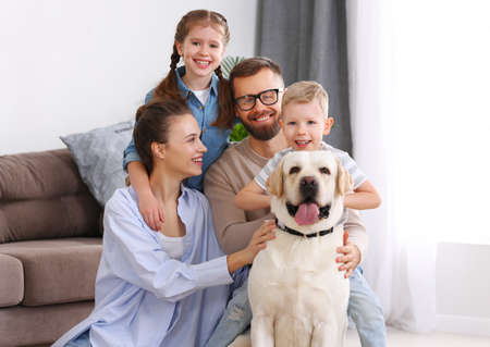 happy married couple playing with their favorite pet dog labrador at homeの写真素材