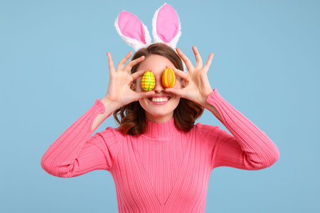 Cheerful young female in casual clothes and bunny ears on head smiling and covering eyes with colorful painted eggs against blue backgroundの写真素材