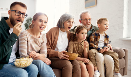 Happy big family enjoying weekend together at home. Grandparents, mother, father and two little...