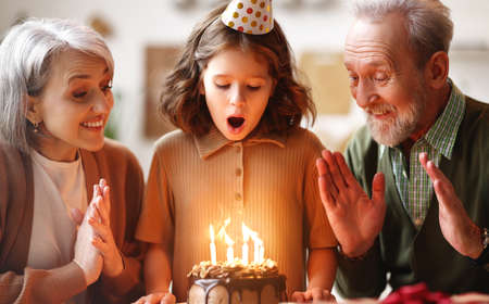 Little girl celebrating birthday while her senior grandparents clapping, child preparing to blow candles on cake and make wish on Birthday, elderly grandma and grandpa congratulating granddaughterの写真素材