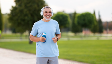 Portrait of happy positive mature man with broad smile holding water bottle while doing sport in city park, active retired male sportsman jogging outside in early morning. Healthy lifestyle conceptの写真素材