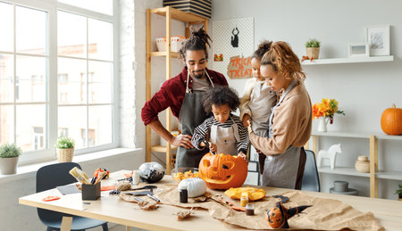 Big happy ethnic family parents with two kids preparing for Halloween celebration while sitting together at table in kitchen, smiling children making Jack-o-lanterns together with father and motherの写真素材