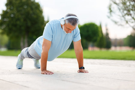 Stay active in retirement. Positive elderly athlete in wireless headphones and casual sportswear training outside in city park, mature active man doing push ups outdoor in open airの写真素材