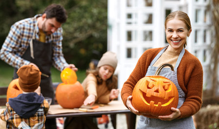 Smiling woman with jack-o-lantern smiling at camera while carving pumpkins with family in backyardの写真素材