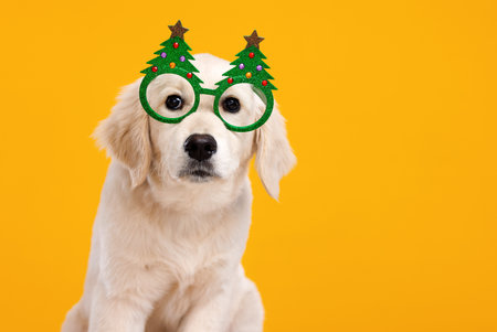 Cute golden retriever puppy in green shiny glasses in form of Christmas trees against yellow wallの写真素材