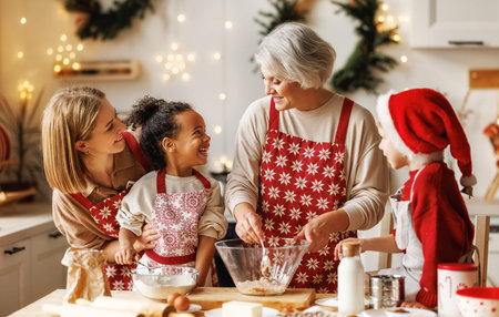 Happy multiracial kids help grandmother to cook Christmas cookies in kitchen during winter holidaysの写真素材