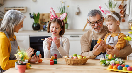 Happy little children creating beautiful painted eggs for Easter with loving senior grandparents