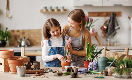 Mom and kid doing home gardening togetherの写真素材