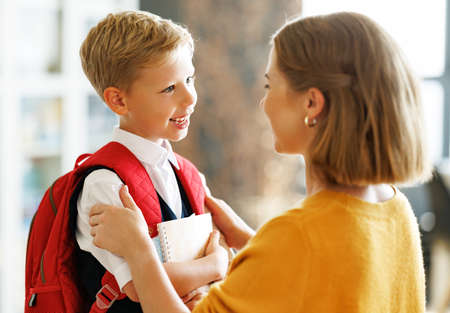 Mother preparing son for school studiesの写真素材