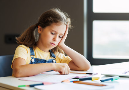 Confused child doing homework at homeの写真素材