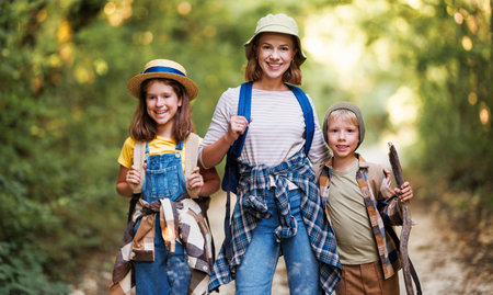 happy family mother and children with backpacks went hiking in forestの写真素材