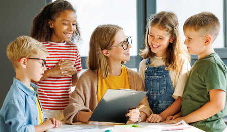 Teacher and students on lesson together in schoolの写真素材