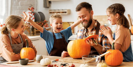 Happy family mother, father and kids to remove pulp from from pumpkin while carving jack o lantern with familyの写真素材
