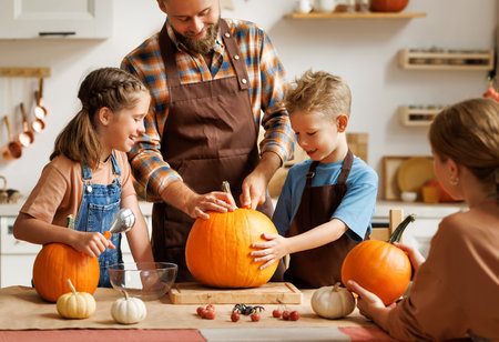 Happy family mother, father and kids to remove pulp from from pumpkin while carving jack o lantern with familyの写真素材