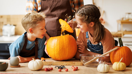 Children and dad making Jack-o-Lantern together at home, carving Halloween pumpkinの写真素材