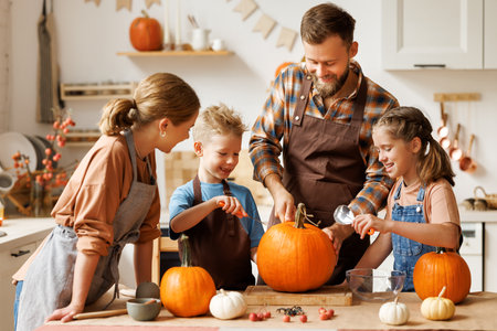 Happy family mother, father and kids to remove pulp from from pumpkin while carving jack o lantern with familyの写真素材