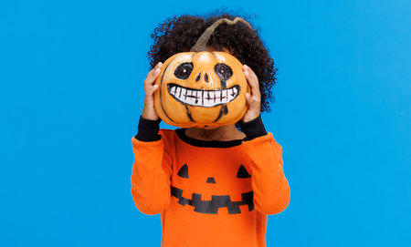 Happy cheerful ethnic boy in a pumpkin costume celebrates Halloween and laughs on a bright blue backgroundの写真素材