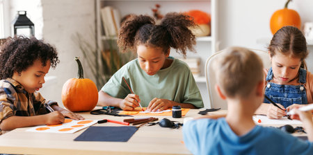 Happy multinational group of children making Halloween home decorations togetherの写真素材