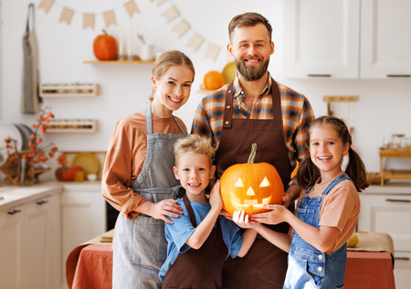 Happy family mother, father and kids smiling at camera make jack-o-lantern from pumpkin, getting ready for halloweenの写真素材