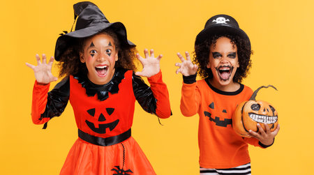 Happy children in pumpkin costume and terrible makeup scary gestures and celebrates Halloween and laughsの写真素材