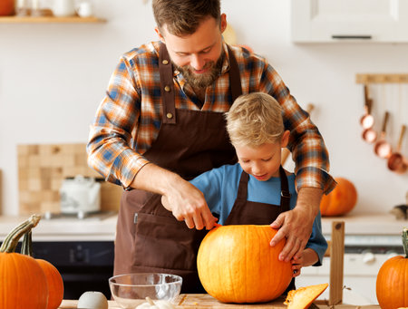 Son and dad making Jack-o-Lantern together at home, carving Halloween pumpkinの写真素材