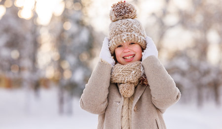 Portrait of happy cute little girl in knitted hat and warm clothes looking at camera with happy smile while standing in winter park outdoors, selective focus. Winter snow fun for childrenの写真素材
