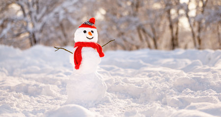 Cheerful snowman in red knitted hat and scarf with carrot nose and joyful smile on his snowy cartoon face standing in winter park against backdrop of snow-covered trees. Fun winter outdoor activitiesの写真素材