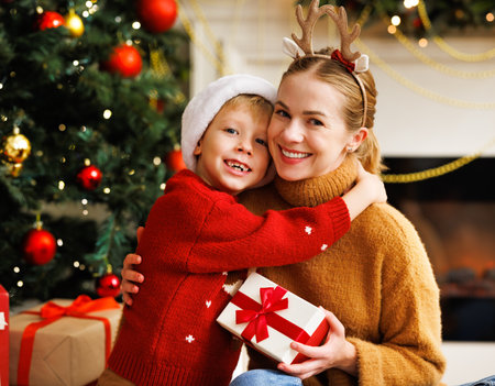 Cheerful family: child smiling embracing and kissing mother opening christmas presents together while celebrating holiday at homeの写真素材
