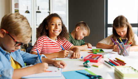 Positive multiracial students kids smiling and writing down data into notebook while sitting at table near classmates during test at schoolの写真素材