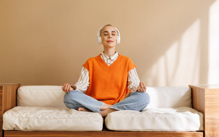 Calm young woman with very short hair in wireless headphones sitting in Lotus pose on sofa and meditating with closed eyes in morning at homeの写真素材
