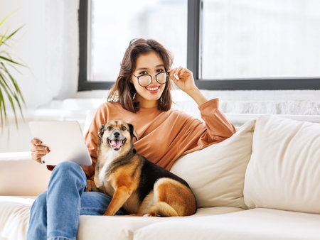 Happy young woman spending time with her pet beloved dog at home sitting on couch and browsing news in tabletの写真素材